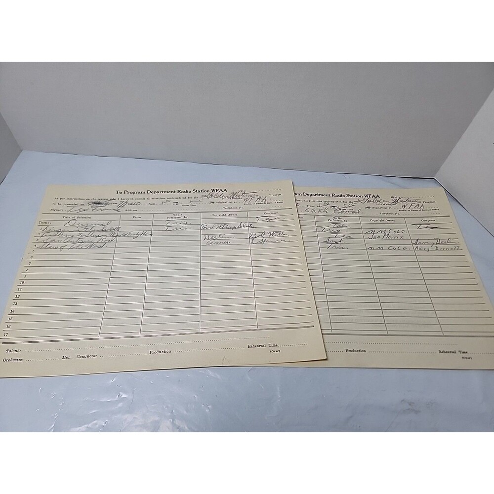 1940 WFAA Radio Program Forms Bob Wills Irving Berlin Western Music Ephemera